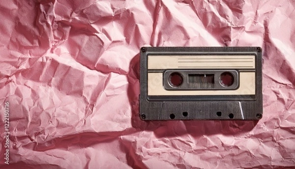 Fototapeta Generated image AI old cassette tape on crumpled pink background. retro and nostalgia style. vintage music concept. copy space. Y2K design trend, 2000 year