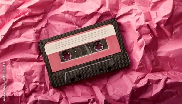 Fototapeta Generated image AI old cassette tape on crumpled pink background. retro and nostalgia style. vintage music concept. copy space. Y2K design trend, 2000 year