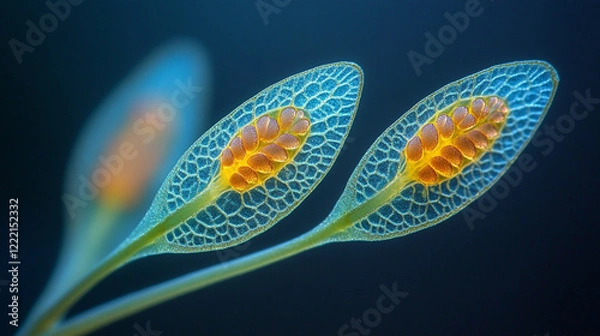 Obraz Aquatic plant Vallisneria gigantea under the microscope showing chloroplasts and cell walls in bright minimalistic tone with blurred background and blank caption space

