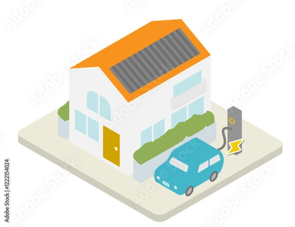 Obraz 太陽光発電のパネルを屋根につけて、電気自動車を充電しているオール電化システムの家のイメージのアイソメトリックイラスト
