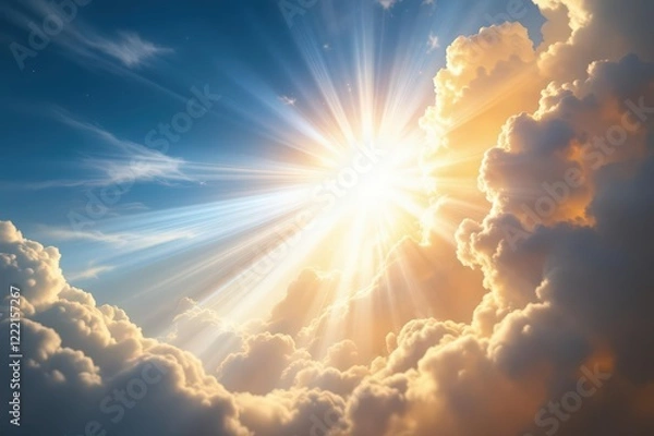 Fototapeta The resurrected Jesus Christ ascending to heaven above the bright light sky and clouds and God, Heaven and Second Coming concept