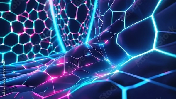 Fototapeta A deep blue, velvet-like background with glowing hexagonal patterns in electric blue, accented by neon pink and lime green, radiating a futuristic, digitally charged vibe with light wisps for depth.