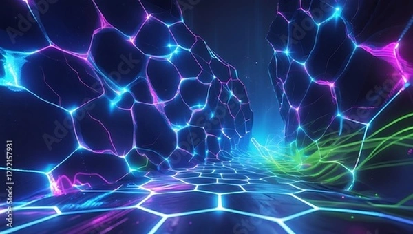 Fototapeta A deep blue, velvet-like background with glowing hexagonal patterns in electric blue, accented by neon pink and lime green, radiating a futuristic, digitally charged vibe with light wisps for depth.