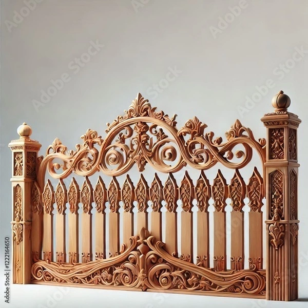 Fototapeta Ornate Wooden Fence Panel with Intricate Carvings and Decorative Columns