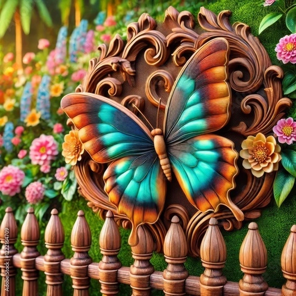 Fototapeta Ornate Wooden Butterfly on Garden Fence with Vibrant Flowers and Greenery
