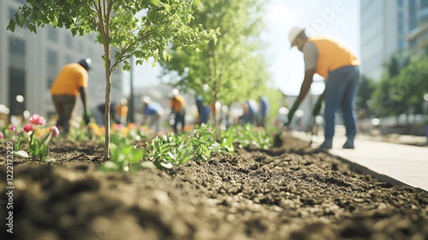 Fototapeta Volunteers planting flowers and trees in community garden, showcasing teamwork and dedication to beautifying urban environment