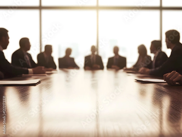 Fototapeta diverse group of professionals engaged in meeting around conference table, with bright background creating silhouette effect