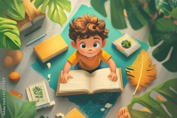 Fototapeta Child Reading a Book Surrounded by Greenery and Colorful Books