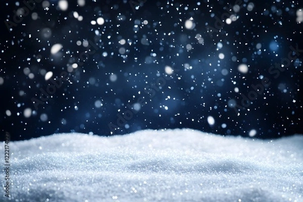 Fototapeta Snowy night scene with falling snowflakes and a textured snowdrift.