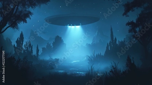 Obraz Unidentified flying object hovering over a nocturnal forest landscape