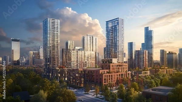 Fototapeta modern skyscrapers skyline calm waterfront scenic cityscape image