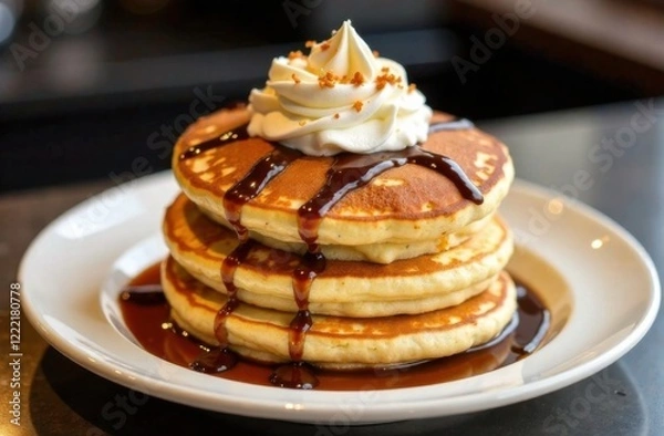 Fototapeta A small cafe hosting a Pancake Day special: stacks of golden pancakes served with unique toppings