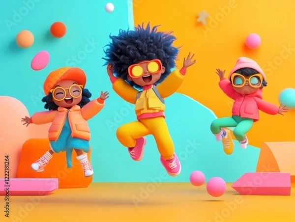 Fototapeta Colorful Playful Children Jumping in Vibrant Abstract Background