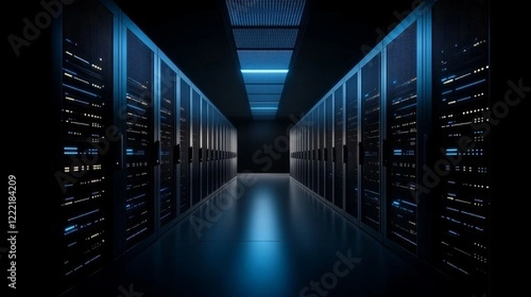 Fototapeta Dark hallway in a server room with technology equipment in the background