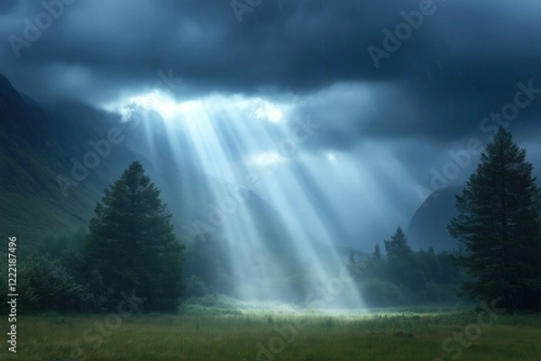 Fototapeta Sunbeams filtering through dark clouds illuminating meadow and trees