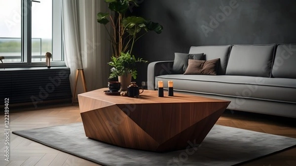 Fototapeta Cubic shaped coffee table made of wood and glass in a minimalist contemporary living room interior design  The geometric cubiform table adds a stylish elegant touch to the modern home decor