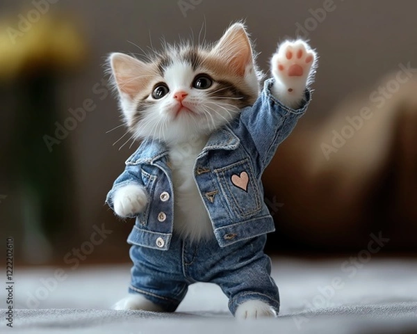 Fototapeta Cute kitten in denim outfit raising paw, adorable kitten wearing denim clothes, fashion kitten in denim jacket with paw up, Adorable kitten in denim outfit waving hello