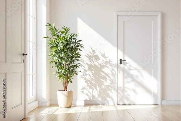 Fototapeta Indoor scene of sunlight streaming through a window, casting shadows of a potted plant onto a white wall and a closed door.