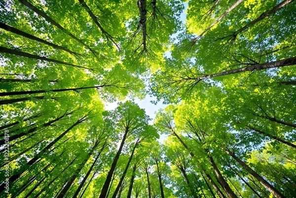 Fototapeta Lush green tree canopy viewed from below against a sunny blue sky.