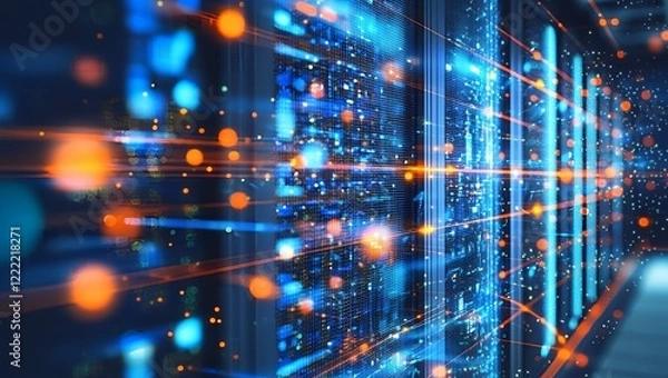 Fototapeta High Speed Data Transfer Digital Network Server Room Technology Illuminated Servers Futuristic Data
