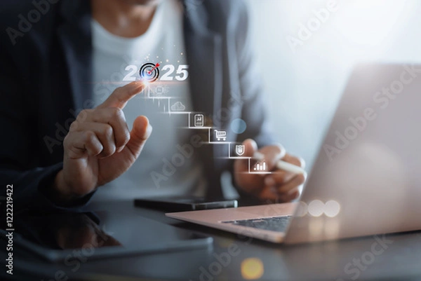 Fototapeta 2025 New Year Business Goals Concept. Businessmen point to "2025" on a staircase, steps toward achieving business goals, growth, and success in the new year. Planning and challenge, investors target,