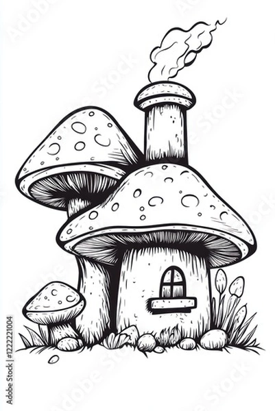 Fototapeta A whimsical illustration of a mushroom house with a chimney, a window, and grass.