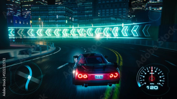 Fototapeta Gameplay of a Racing Simulator Video Game, Live Online Internet Championship. 3D Car Driving Fast and Drifting on a Night Speedway in a Modern City. Modern Vfx Animation. Screen Replacement