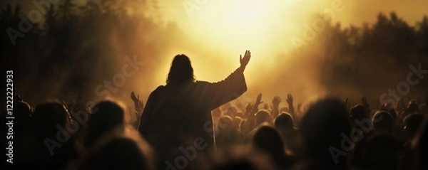 Fototapeta A large crowd of people stands in an open area, hands raised in worship. A silhouette of Jesus Christ with outstretched arms is illuminated by a golden sunset, symbolizing hope and faith.