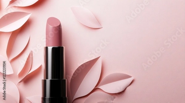 Obraz Close-up of a lipstick with a soft pink color, its glossy tube placed on a background of pastel pink paper.