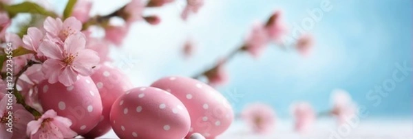 Fototapeta Pink Easter Eggs with Polka Dots and Cherry Blossoms on White Surface, Blurred Blue Sky Background. Cheerful Festive Mood.
