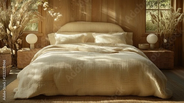 Fototapeta Creamy Textured Bedding in a Cozy Wooden Room