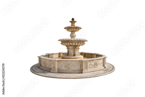 Fototapeta Elegant tiered fountain adorned with ornamental carvings and floral motifs, set in a stone circular base, designed for a classic garden setting, isolated on a transparent background