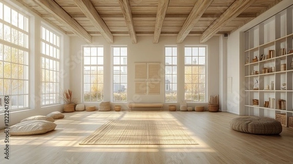 Fototapeta Bright airy loft interior with minimalistic design and natural light. Generative AI