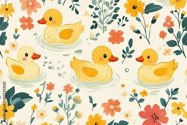 Fototapeta Cute Duckling Pattern with Floral Background