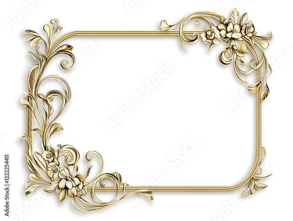 Fototapeta Clean Gold Frame with a Thin Border on a White Background, Minimalist Rectangular Picture Frame for Artwork, Photography, or Design Display