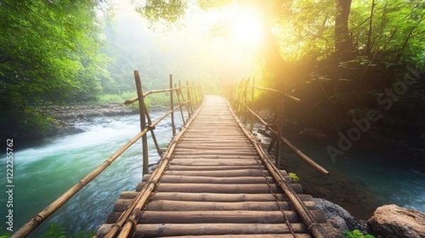 Fototapeta Serene Bamboo Bridge Over a Misty River in a Lush Forest