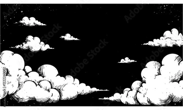 Fototapeta Linocut cloud background vector, cartoon style, black and white
