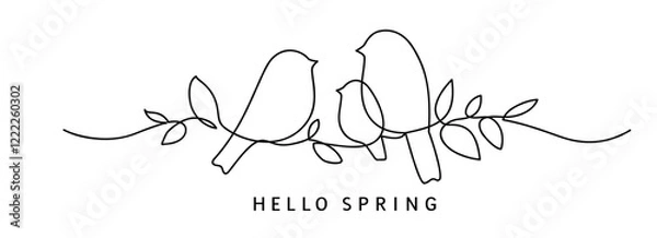 Obraz One line drawing. Abstract decorative horizontal ornament with spring forest bird family, stem and leaves. Spring Easter holiday border design element. Vector stock illustration.