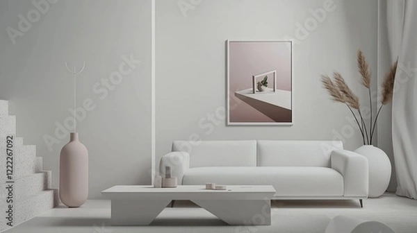 Fototapeta Minimalist Scandinavian lounge featuring monochrome white sofa, sleek coffee table, and 3D angled poster frame within simple decor.