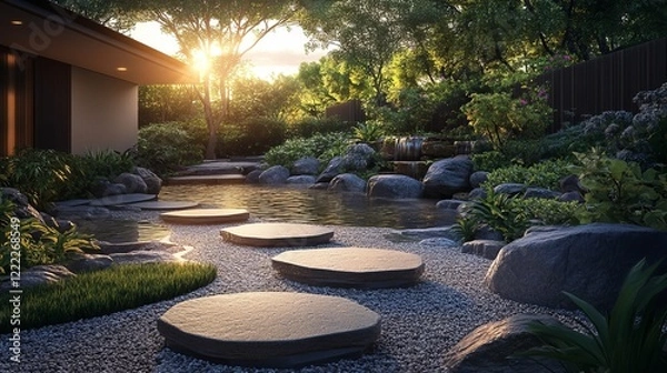 Fototapeta Tranquil Garden Oasis Featuring a Serene Pond Surrounded by Lush Greenery and a Cascading Waterfall Providing a Picturesque and Peaceful Retreat into Nature's Embrace and Beauty
