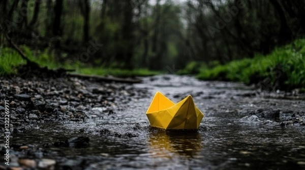 Fototapeta Yellow Origami Paper Boat Floating on a Calm Stream Surrounded by Lush Greenery in Nature