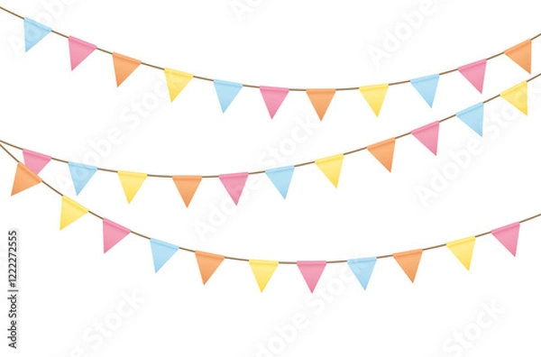 Fototapeta Carnival colored garlands and bunting. Festive triangle flags on rope for decoration of party, holiday, event, festive, celebration. Colorful pennants for banner, flyer, template Vector design element