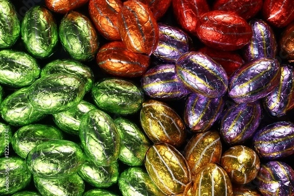 Obraz Chocolate Easter eggs in foil sorted by color, a treat for the Easter holidays.