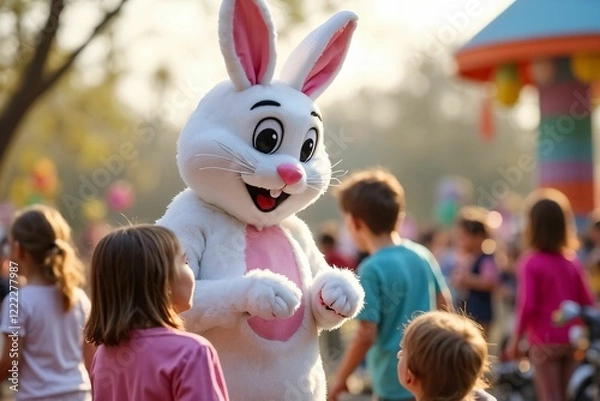 Obraz Easter Bunny Mascot with Children: Festive Park Celebration with Pastel Decorations and Springtime Joy
