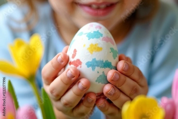 Fototapeta Close-Up of a Child Holding a Decorated Easter Egg: Spring Flowers and Festive Joy