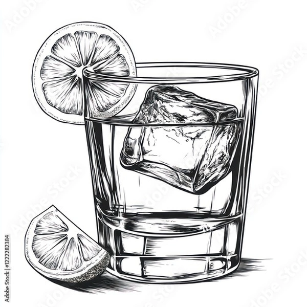 Fototapeta Rocks Glass with Ice and Lemon Wedge