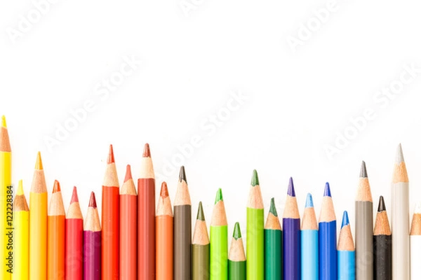 Fototapeta Bunch of colorful pencils, on white background with copy-space.