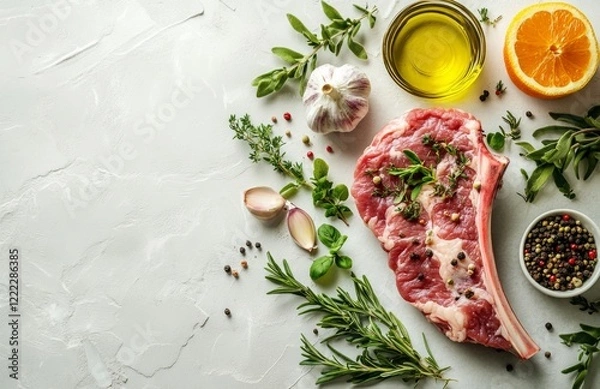 Fototapeta Raw lamb rack on the table with herbs, spices, and oil