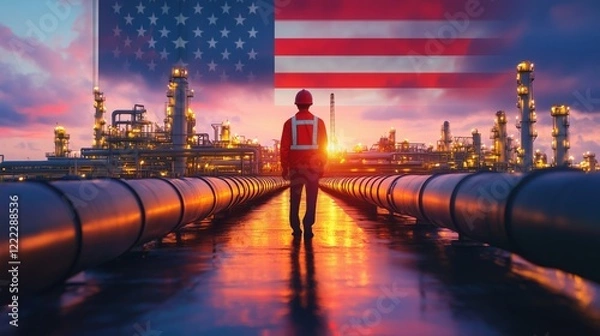 Fototapeta Worker in oil refinery with USA flag and pipelines