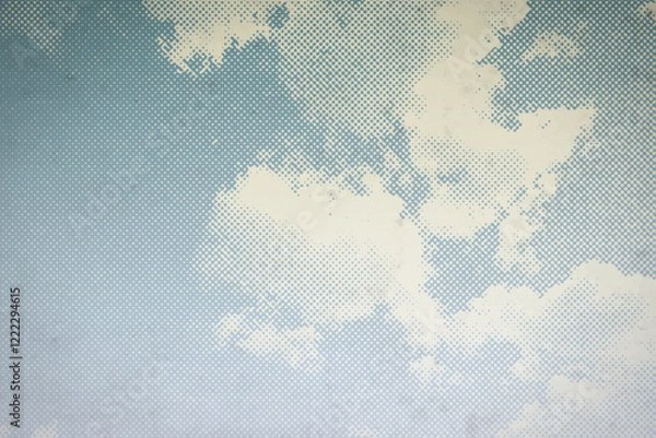 Fototapeta Vector halftone pattern retro clouds against blue sky., with soft grunge layer. Weather-related, environmental dotted vintage design.